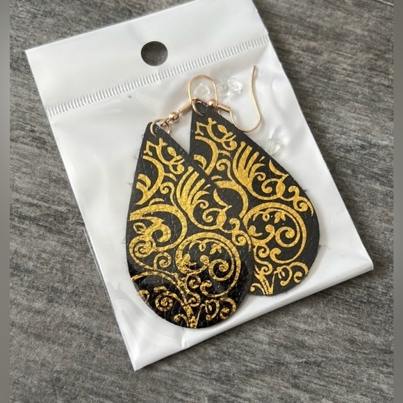 Jewelry - Gold and Black Faux Leather Earrings